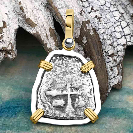 1715 Fleet Shipwreck Pirate Era Spanish 1 Reale "Piece of 8" 14K Gold & Sterling Silver Pendant