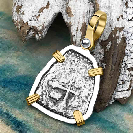 1715 Fleet Shipwreck Pirate Era Spanish 1 Reale "Piece of 8" 14K Gold & Sterling Silver Pendant
