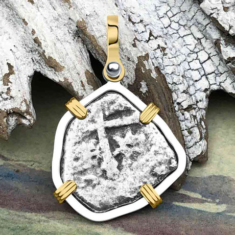 1715 Fleet Shipwreck Pirate Era Spanish 1 Reale "Piece of 8" 14K Gold & Sterling Silver Pendant
