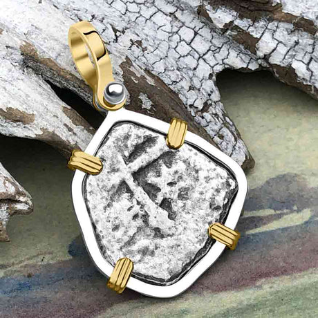 1715 Fleet Shipwreck Pirate Era Spanish 1 Reale "Piece of 8" 14K Gold & Sterling Silver Pendant