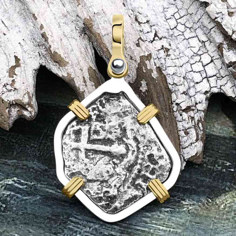 1715 Fleet Shipwreck Pirate Era Spanish 1 Reale "Piece of 8" 14K Gold & Sterling Silver Pendant