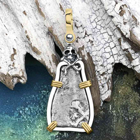 1715 Fleet Shipwreck Skull & Cross Bones Era Spanish 1 Reale "Piece of 8" 14K Gold & Sterling Silver Pendant