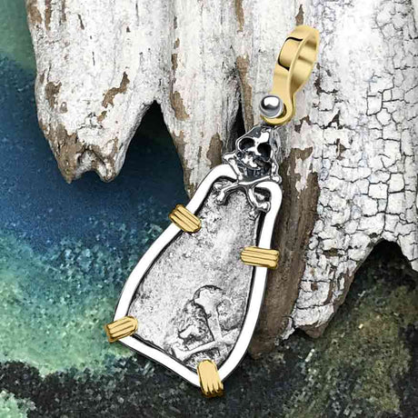 1715 Fleet Shipwreck Skull & Cross Bones Era Spanish 1 Reale "Piece of 8" 14K Gold & Sterling Silver Pendant