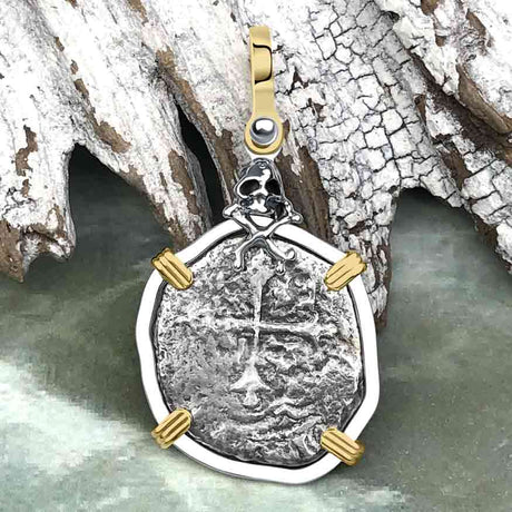 1715 Fleet Shipwreck Skull & Cross Bones Spanish 1 Reale "Piece of 8" 14K Gold & Sterling Silver Pendant