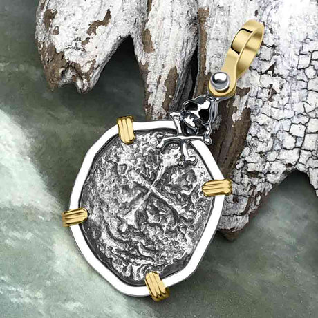 1715 Fleet Shipwreck Skull & Cross Bones Spanish 1 Reale "Piece of 8" 14K Gold & Sterling Silver Pendant