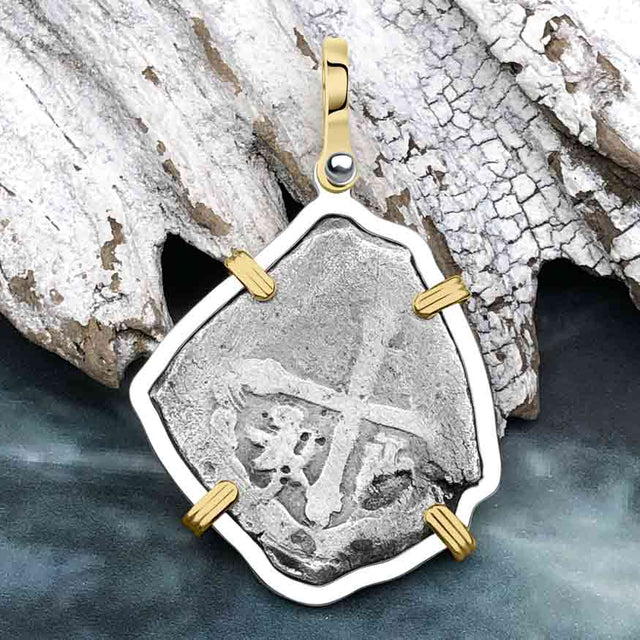 1715 Fleet Shipwreck Pirate Era Spanish 4 Reale Piece of 8 14K Gold and Sterling Silver Pendant
