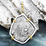 1715 Fleet Shipwreck Pirate Era Spanish 4 Reale Piece of 8 14K Gold and Sterling Silver Pendant