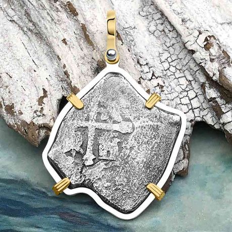 1715 Fleet Shipwreck Pirate Era Spanish 4 Reale Piece of 8 14K Gold and Sterling Silver Pendant