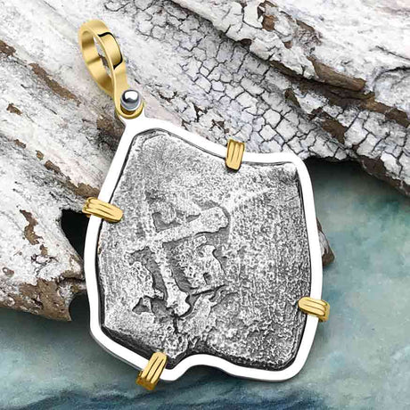 1715 Fleet Shipwreck Pirate Era Spanish 4 Reale Piece of 8 14K Gold and Sterling Silver Pendant