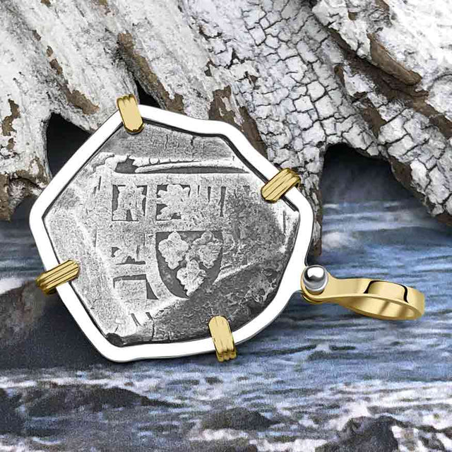 1715 Fleet Shipwreck Pirate Era Spanish 4 Reale Piece of 8 14K Gold and Sterling Silver Pendant
