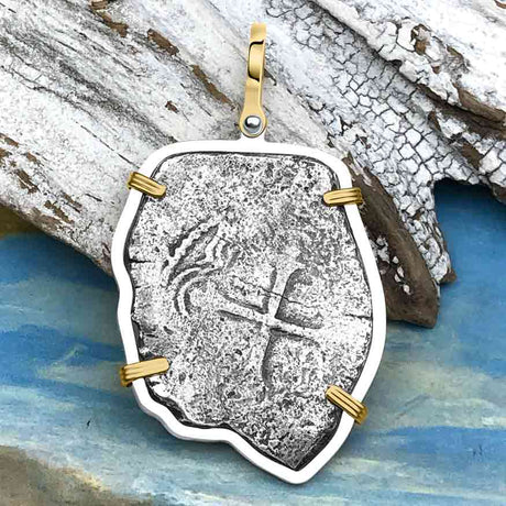 Rare Dated 1715 Fleet Shipwreck Pirate Era Spanish 8 Reale Piece of 8 14K Gold and Sterling Silver Pendant
