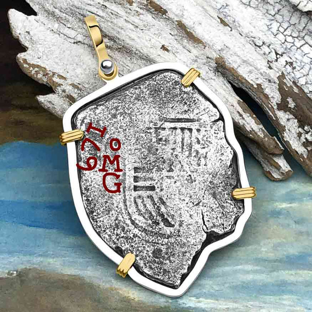 Rare Dated 1715 Fleet Shipwreck Pirate Era Spanish 8 Reale Piece of 8 14K Gold and Sterling Silver Pendant