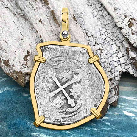 Dated 1715 Fleet Shipwreck Golden Age of Piracy Spanish 4 Reale Piece of 8 14K Gold Pendant
