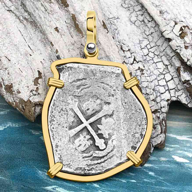 Dated 1715 Fleet Shipwreck Golden Age of Piracy Spanish 4 Reale Piece of 8 14K Gold Pendant