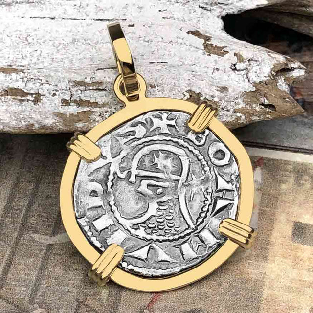 Templar Knights Era Antioch Crusader Medieval Silver Denier - Helmet Head - Coin of the Crusades 14K Gold Pendant