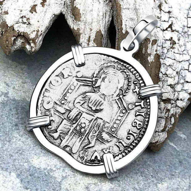Venetian Jesus Christ Glory, Devotion and Courage Silver 1390 Grosso Coin Sterling Silver Pendant