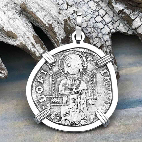 Venetian Jesus Christ Glory, Devotion and Courage Silver 1390 Grosso Coin Sterling Silver Pendant