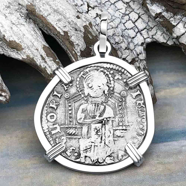 Venetian Jesus Christ Glory, Devotion and Courage Silver 1390 Grosso Coin Sterling Silver Pendant