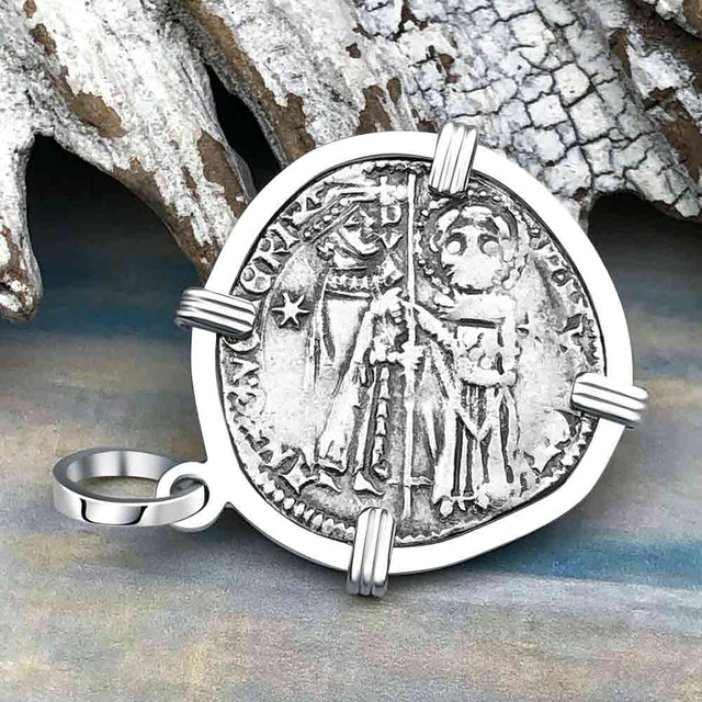 Venetian Jesus Christ Glory, Devotion and Courage Silver 1390 Grosso Coin Sterling Silver Pendant