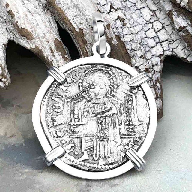 Venetian Jesus Christ Glory, Devotion and Courage Silver 1390 Grosso Coin Sterling Silver Pendant