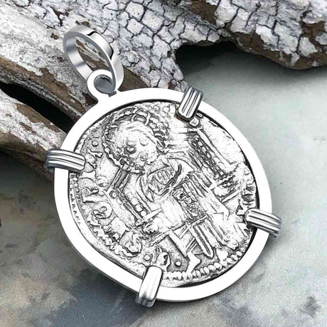 Venetian Jesus Christ Glory, Devotion and Courage Silver 1390 Grosso Coin Sterling Silver Pendant