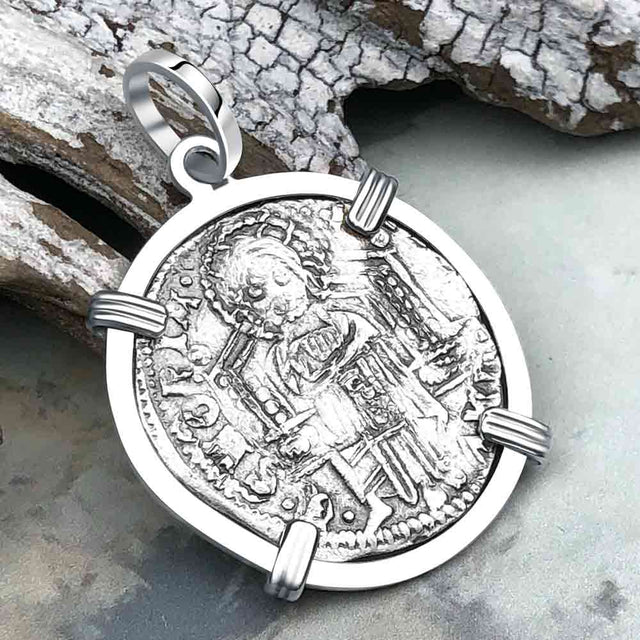 Venetian Jesus Christ Glory, Devotion and Courage Silver 1390 Grosso Coin Sterling Silver Pendant