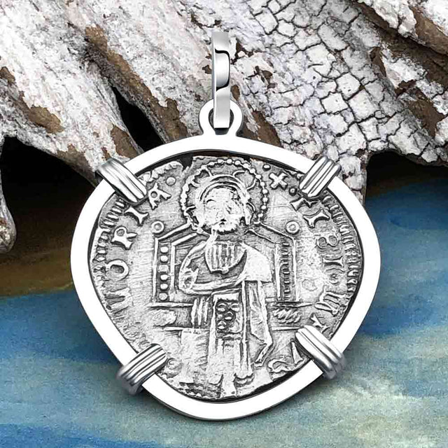 Venetian Jesus Christ Glory, Devotion and Courage Silver 1390 Grosso Coin Sterling Silver Pendant