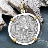 Venetian Jesus Christ Glory, Devotion & Courage Silver 1390 Grosso Coin 14K Gold and Sterling Silver Pendant