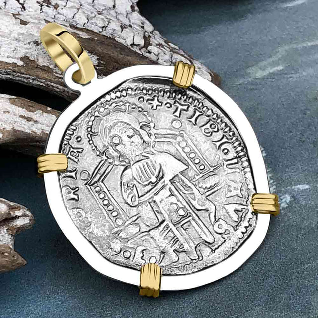 Venetian Jesus Christ Glory, Devotion & Courage Silver 1390 Grosso Coin 14K Gold and Sterling Silver Pendant