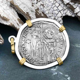 Venetian Jesus Christ Glory, Devotion & Courage Silver 1390 Grosso Coin 14K Gold and Sterling Silver Pendant