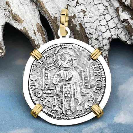 Venetian Jesus Christ Glory, Devotion & Courage Silver 1390 Grosso Coin 14K Gold and Sterling Silver Pendant