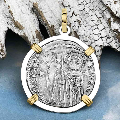 Venetian Jesus Christ Glory, Devotion & Courage Silver 1390 Grosso Coin 14K Gold and Sterling Silver Pendant