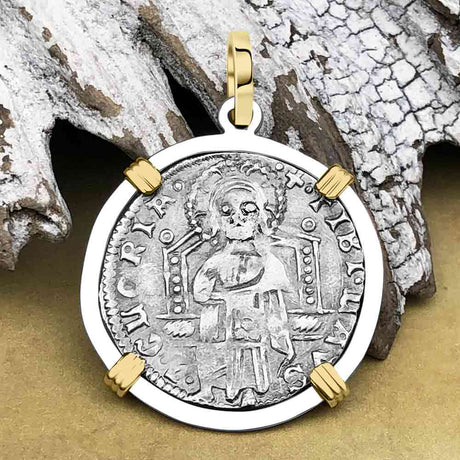 Venetian Jesus Christ Glory, Devotion & Courage Silver 1390 Grosso Coin 14K Gold and Sterling Silver Pendant