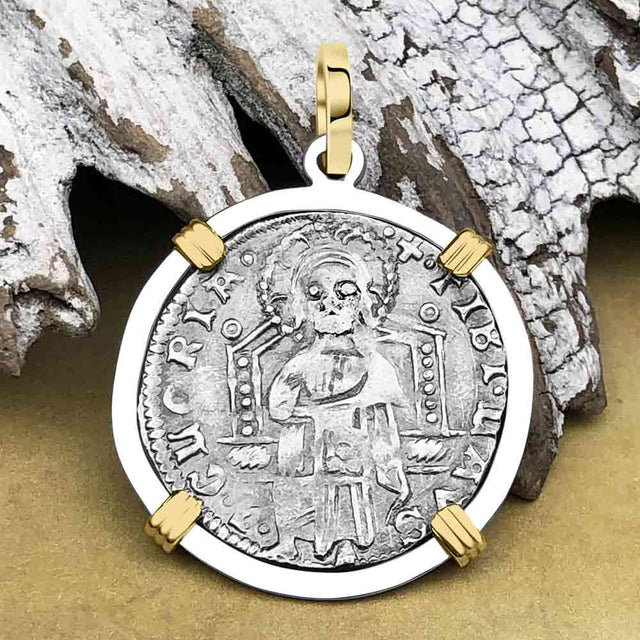 Venetian Jesus Christ Glory, Devotion & Courage Silver 1390 Grosso Coin 14K Gold and Sterling Silver Pendant