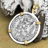 Venetian Jesus Christ Glory, Devotion & Courage Silver 1390 Grosso Coin 14K Gold and Sterling Silver Pendant