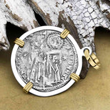 Venetian Jesus Christ Glory, Devotion & Courage Silver 1390 Grosso Coin 14K Gold and Sterling Silver Pendant