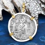 Venetian Jesus Christ Glory, Devotion & Courage Silver 1390 Grosso Coin 14K Gold and Sterling Silver Pendant
