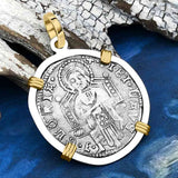 Venetian Jesus Christ Glory, Devotion & Courage Silver 1390 Grosso Coin 14K Gold and Sterling Silver Pendant