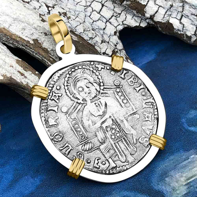 Venetian Jesus Christ Glory, Devotion & Courage Silver 1390 Grosso Coin 14K Gold and Sterling Silver Pendant
