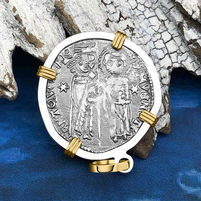 Venetian Jesus Christ Glory, Devotion & Courage Silver 1390 Grosso Coin 14K Gold and Sterling Silver Pendant