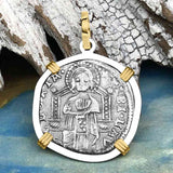Venetian Jesus Christ Glory, Devotion & Courage Silver 1390 Grosso Coin 14K Gold and Sterling Silver Pendant