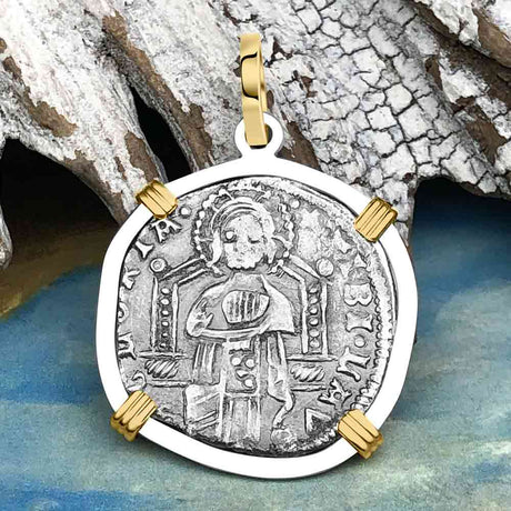 Venetian Jesus Christ Glory, Devotion & Courage Silver 1390 Grosso Coin 14K Gold and Sterling Silver Pendant