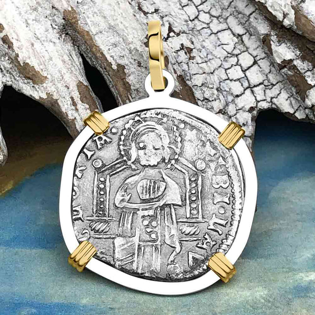 Venetian Jesus Christ Glory, Devotion & Courage Silver 1390 Grosso Coin 14K Gold and Sterling Silver Pendant