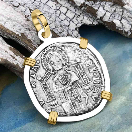 Venetian Jesus Christ Glory, Devotion & Courage Silver 1390 Grosso Coin 14K Gold and Sterling Silver Pendant