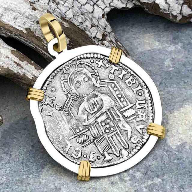 Venetian Jesus Christ Glory, Devotion & Courage Silver 1390 Grosso Coin 14K Gold and Sterling Silver Pendant