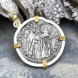 Venetian Jesus Christ Glory, Devotion & Courage Silver 1390 Grosso Coin 14K Gold and Sterling Silver Pendant
