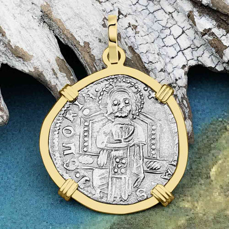 Venetian Jesus Christ Glory, Devotion & Courage Silver 1390 Grosso Coin 14K Gold Pendant