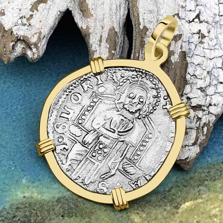 Venetian Jesus Christ Glory, Devotion & Courage Silver 1390 Grosso Coin 14K Gold Pendant