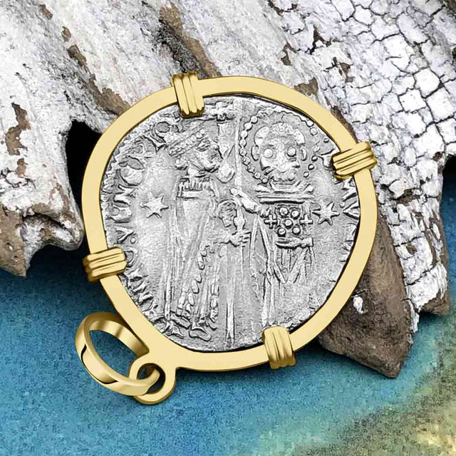 Venetian Jesus Christ Glory, Devotion & Courage Silver 1390 Grosso Coin 14K Gold Pendant