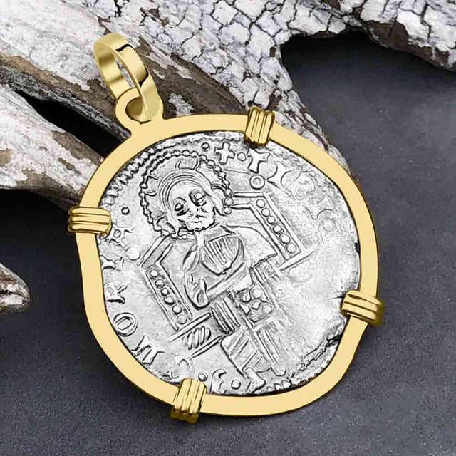 Venetian Jesus Christ Glory, Devotion & Courage Silver 1390 Grosso Coin 14K Gold Pendant